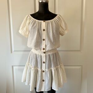 Eberjey White Eyelet Off Shoulder Dress Button Front Elastic Waist M